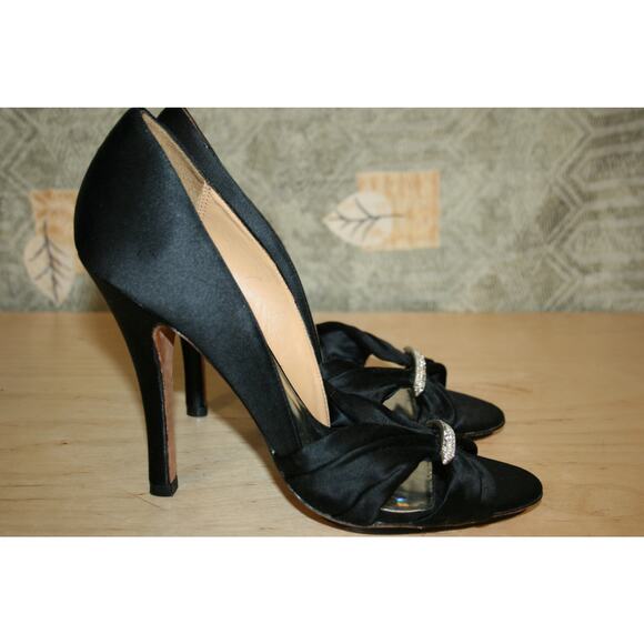 Badgley Mischka Black Satin Open Toe Heels 10 M - Picture 1 of 7